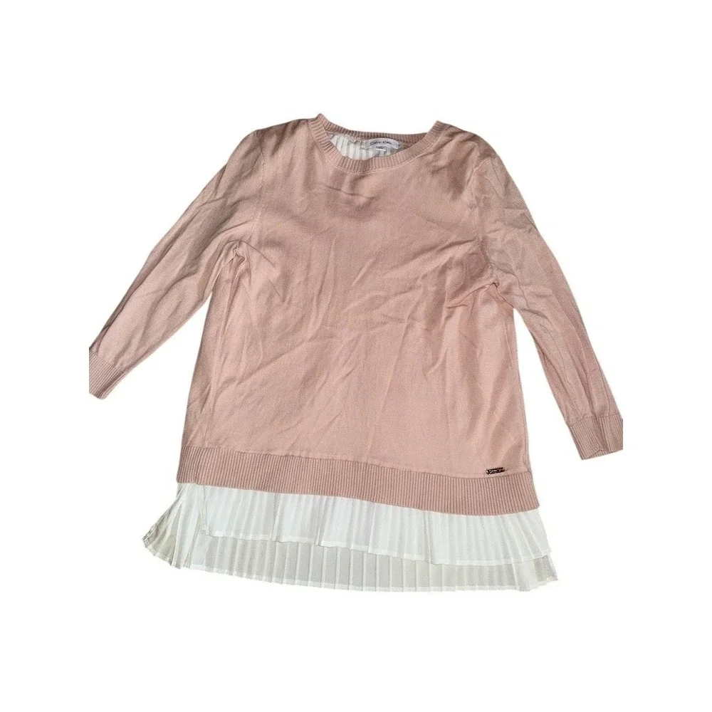 Calvin Klein layered chiffon sweater tunic M Blush Pink Pleated lampshade preppy